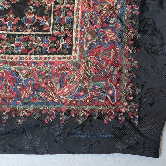 Vintage Ralph Lauren Silk Scarf 34 x 34 Square Jacquard Floral Paisley Black Red - Picture 1 of 7